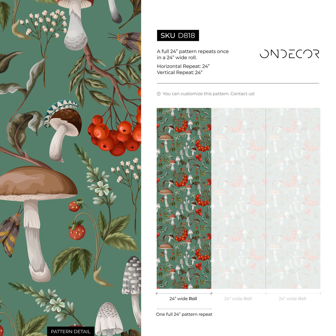Botanical Wallpaper with Mushrooms and Berries in Green, Red, and Brown - D818
