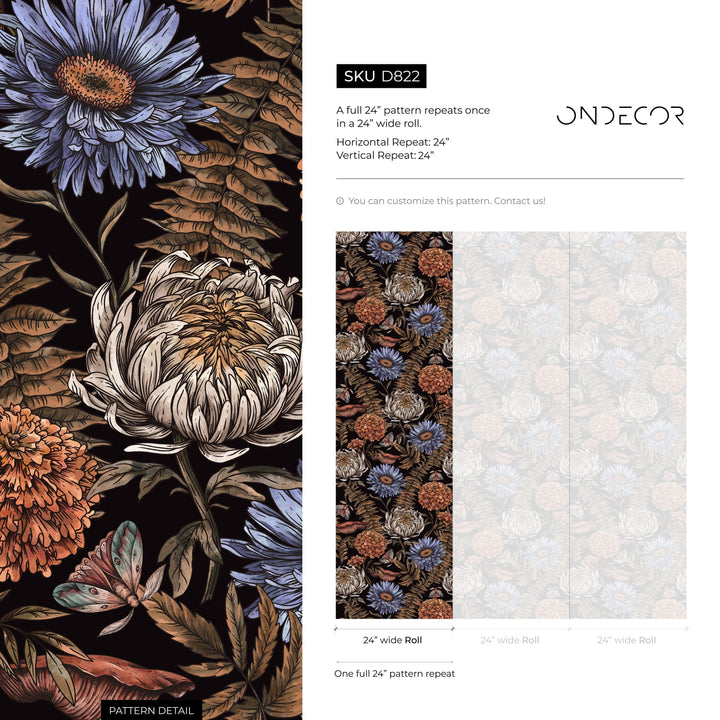 Botanical Wallpaper with Moths and Vintage Florals in Black, Blue, and Orange - D822