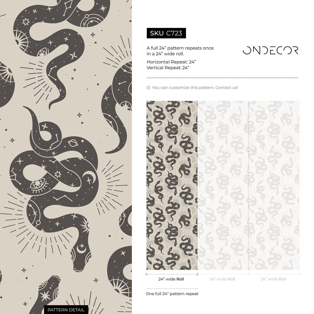 Celestial Wallpaper with Mystical Snakes and Moons in Gray - C723