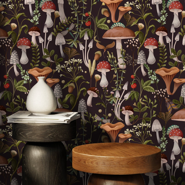 Botanical Wallpaper with a Dark Mushroom Forest Motif in Brown, Red, and Green - D816