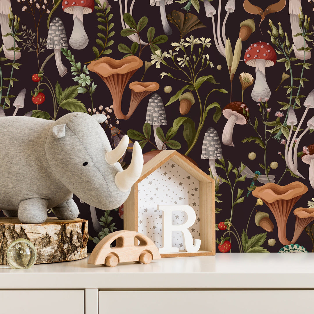 Botanical Wallpaper with a Dark Mushroom Forest Motif in Brown, Red, and Green - D816