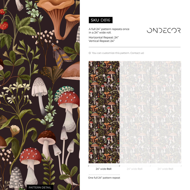 Botanical Wallpaper with a Dark Mushroom Forest Motif in Brown, Red, and Green - D816