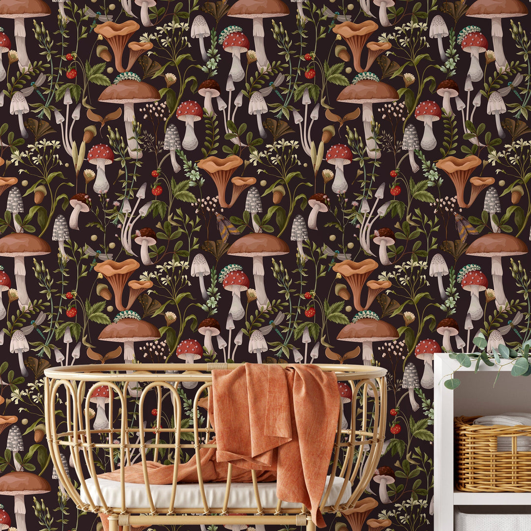Botanical Wallpaper with a Dark Mushroom Forest Motif in Brown, Red, and Green - D816