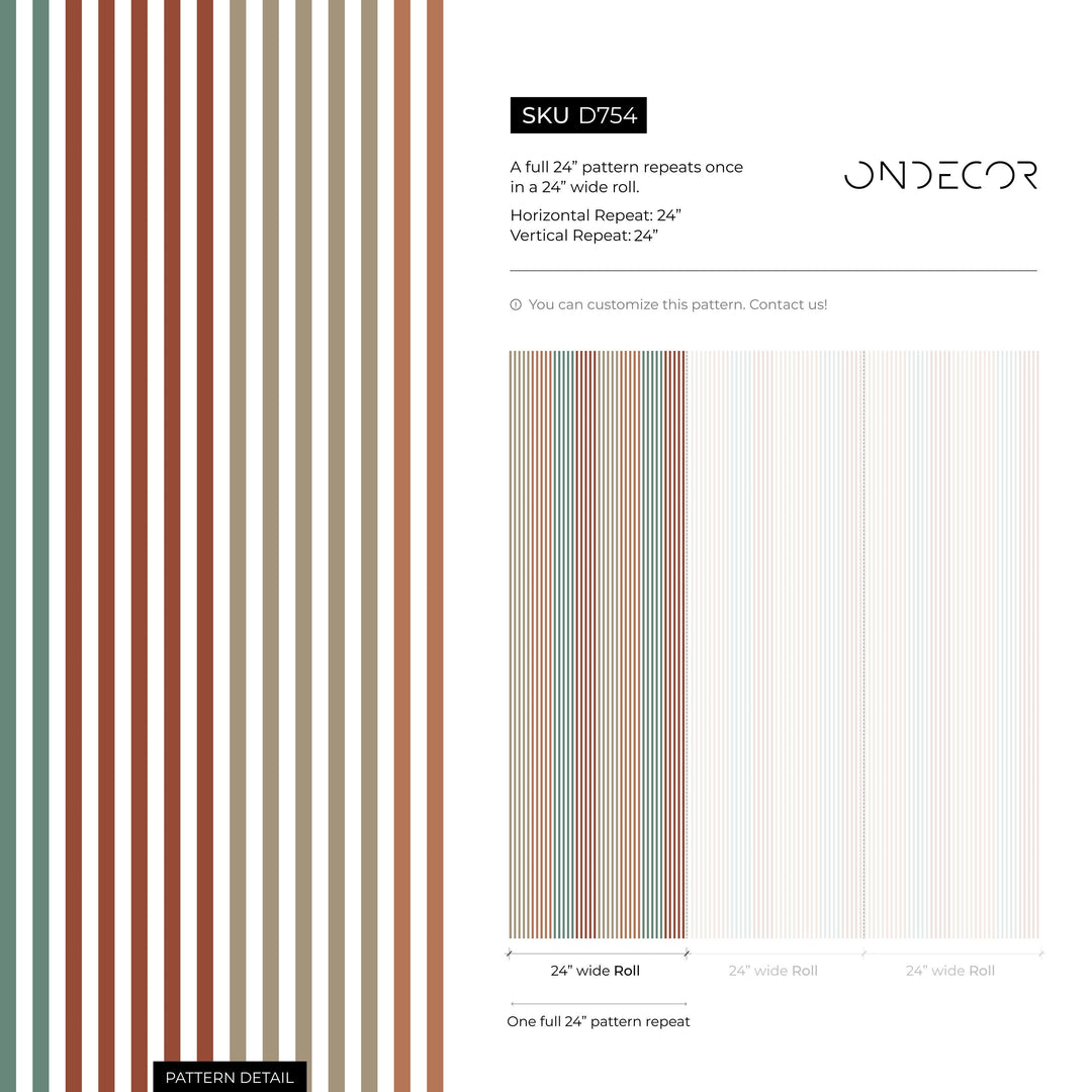 Geometric Wallpaper with Vertical Stripes in Red, Green, and Brown - D754