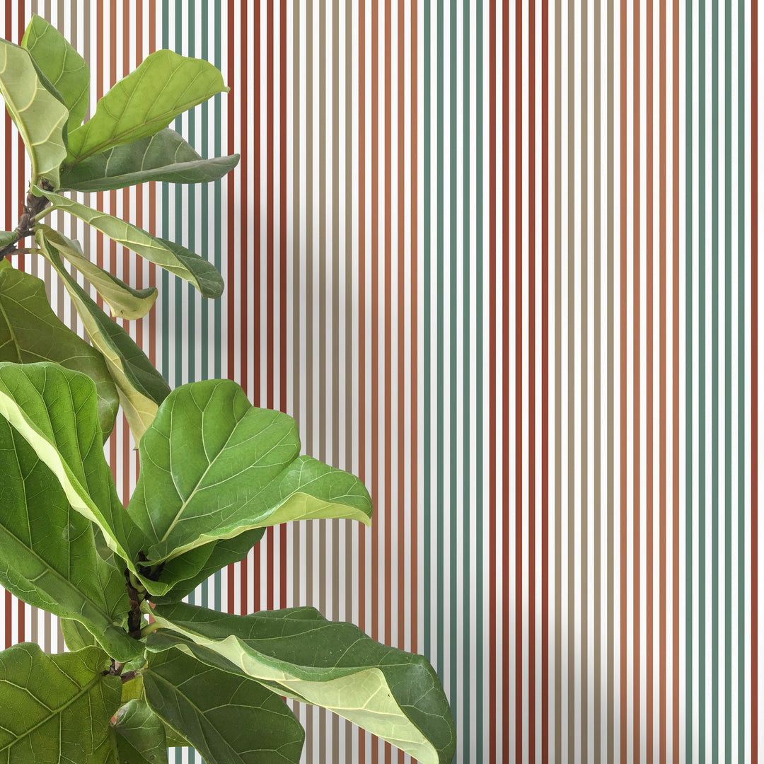 Geometric Wallpaper with Vertical Stripes in Red, Green, and Brown - D754