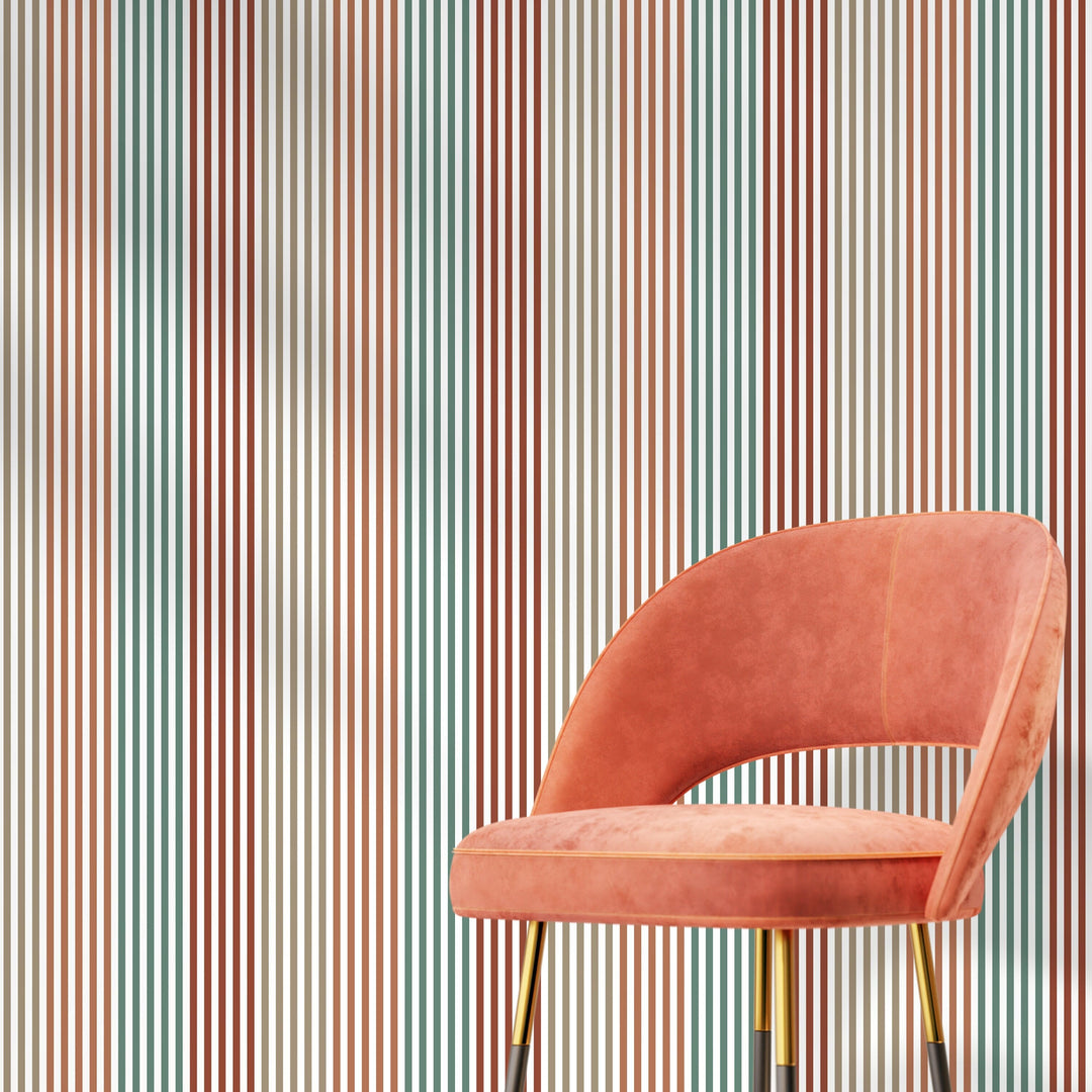 Geometric Wallpaper with Vertical Stripes in Red, Green, and Brown - D754