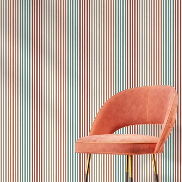 Geometric Wallpaper with Vertical Stripes in Red, Green, and Brown - D754