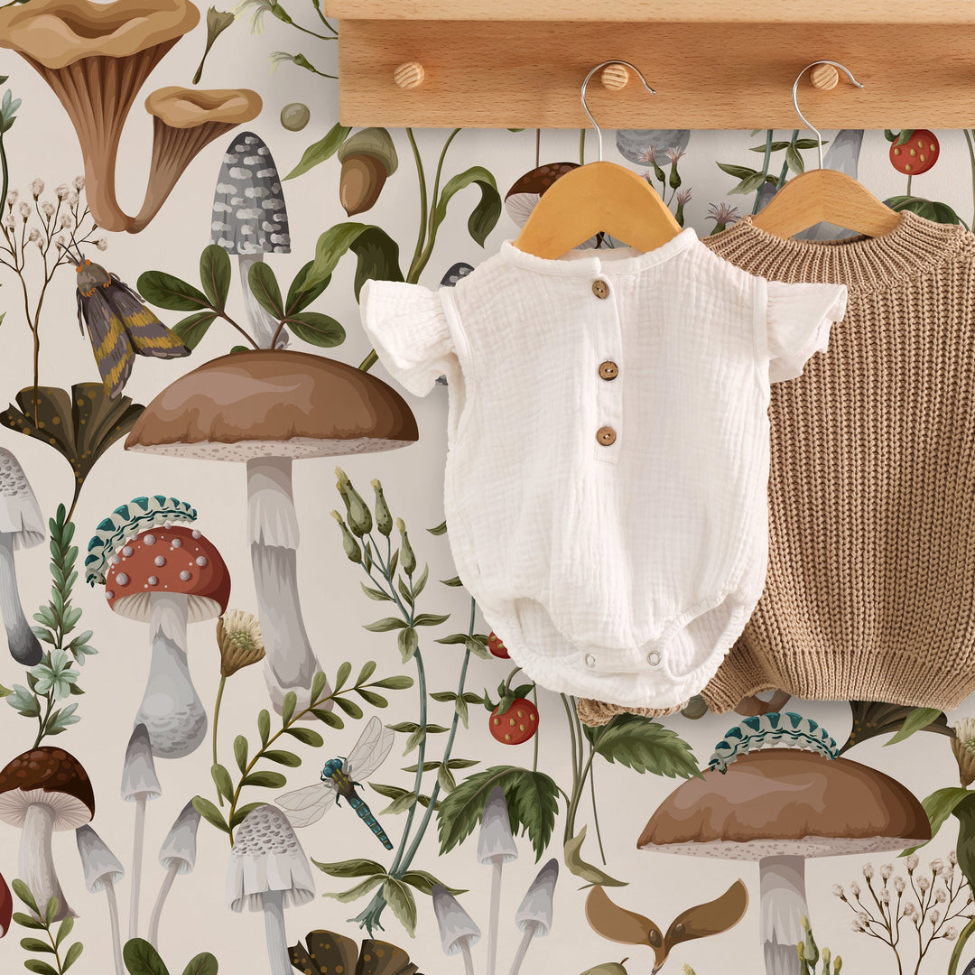 Botanical Wallpaper with a Vintage Mushroom and Insect Motif in Brown, Green, and Red - D817