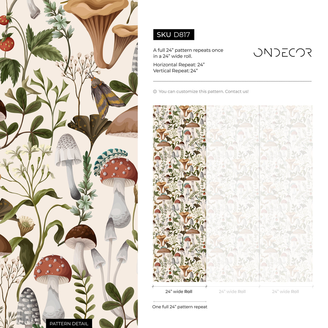 Botanical Wallpaper with a Vintage Mushroom and Insect Motif in Brown, Green, and Red - D817