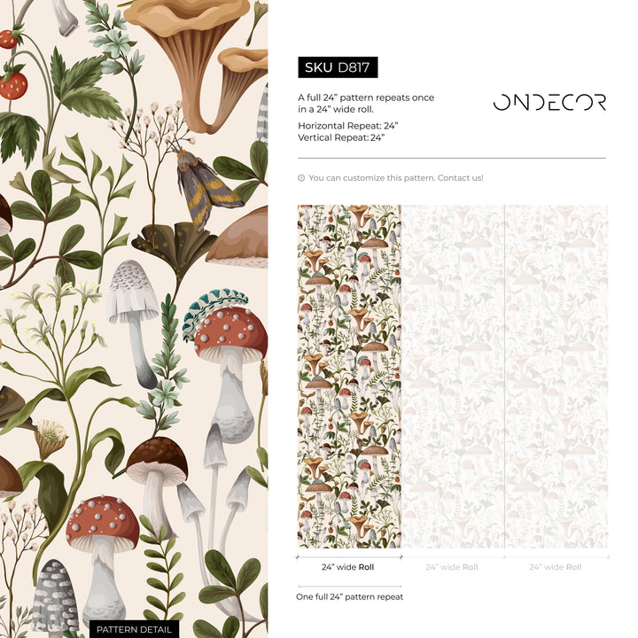 Botanical Wallpaper with a Vintage Mushroom and Insect Motif in Brown, Green, and Red - D817