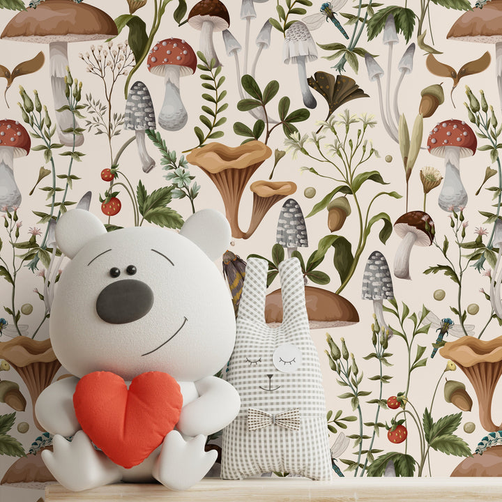 Botanical Wallpaper with a Vintage Mushroom and Insect Motif in Brown, Green, and Red - D817