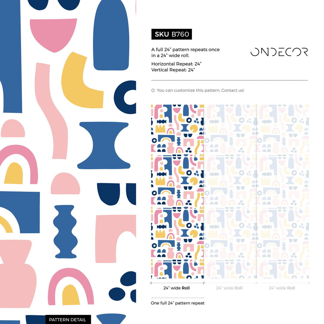 Abstract Wallpaper with Bold Cut-Out Shapes in Blue, Pink, and Yellow - B760