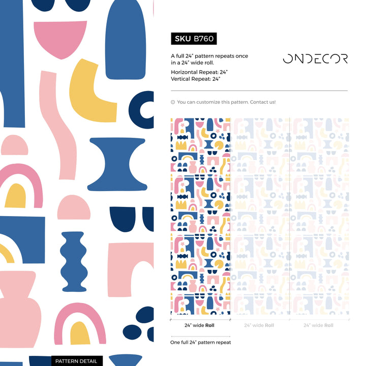 Abstract Wallpaper with Bold Cut-Out Shapes in Blue, Pink, and Yellow - B760