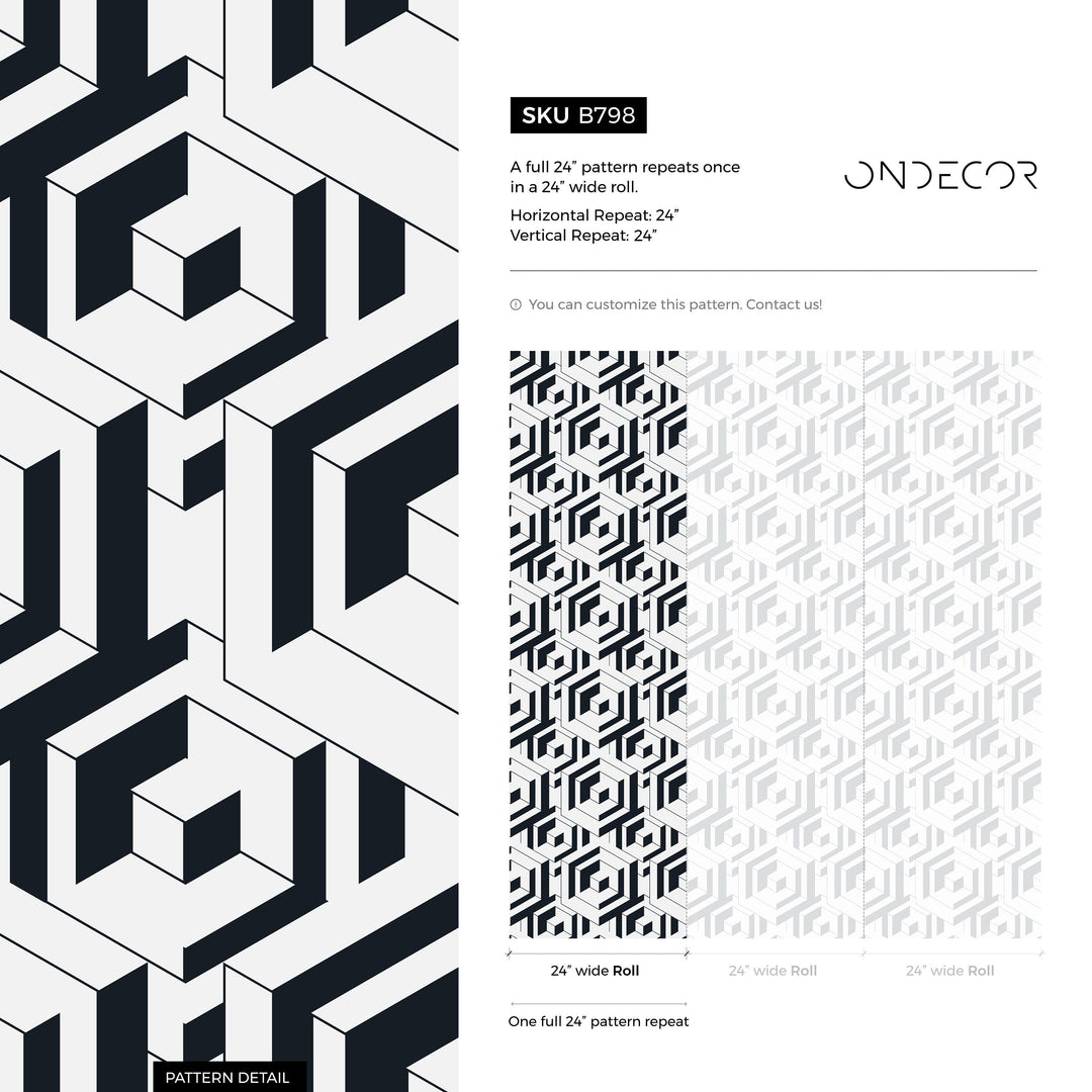 Geometric Wallpaper with a Bold Labyrinth Motif in Black and White - B798