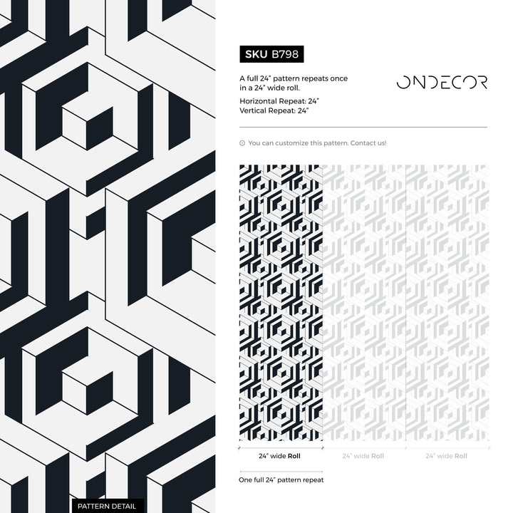 Geometric Wallpaper with a Bold Labyrinth Motif in Black and White - B798
