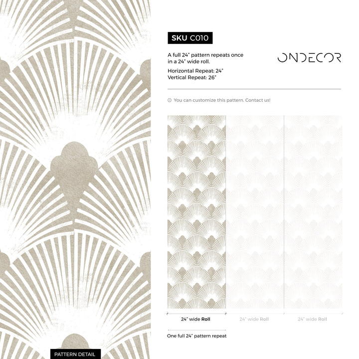 Art Deco Wallpaper with a Geometric Fan Pattern in Gray and White - C010
