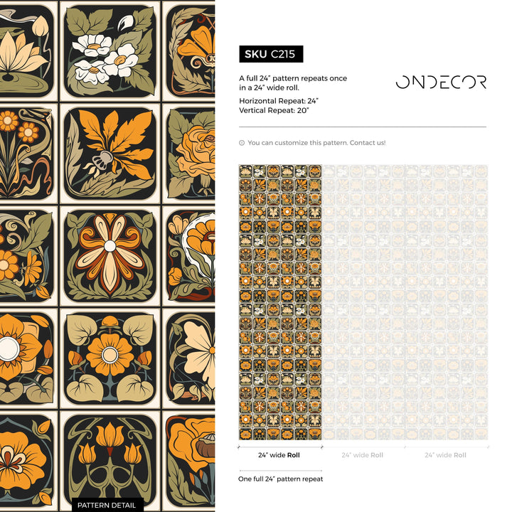 Art Deco Wallpaper with a Floral Tile Motif in Black, Gold, and Green - C215
