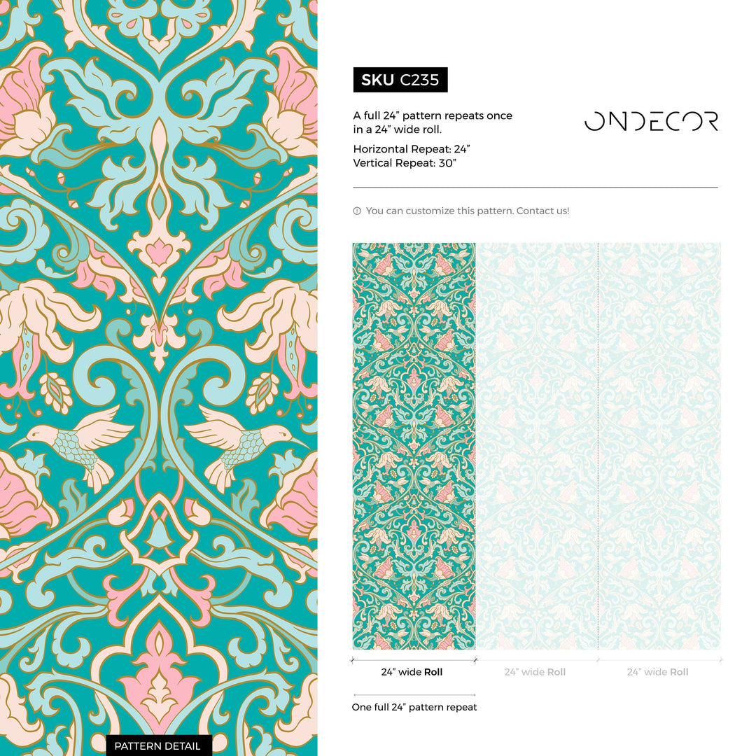 Floral Damask Wallpaper with a Bird and Vine Motif in Turquoise and Pink - C235