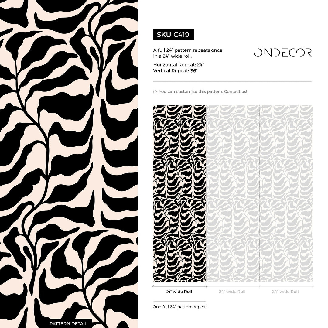 Abstract Wallpaper with a Bold Leaf Motif in Black and Cream - C419