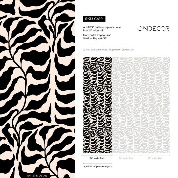 Abstract Wallpaper with a Bold Leaf Motif in Black and Cream - C419
