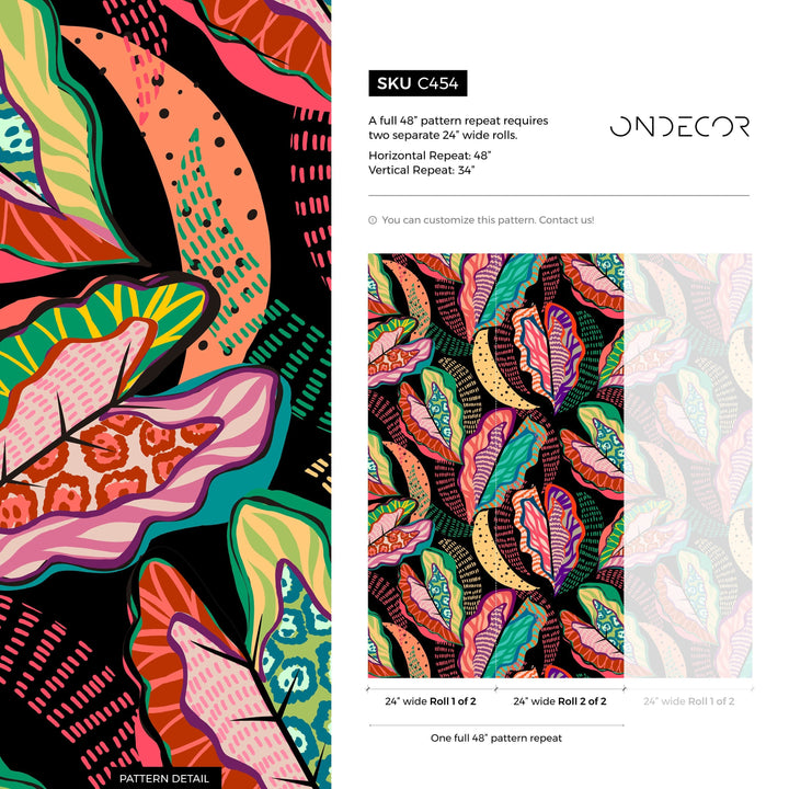 Abstract Wallpaper with Bold Patterned Leaves in Pink, Teal, and Orange - C454