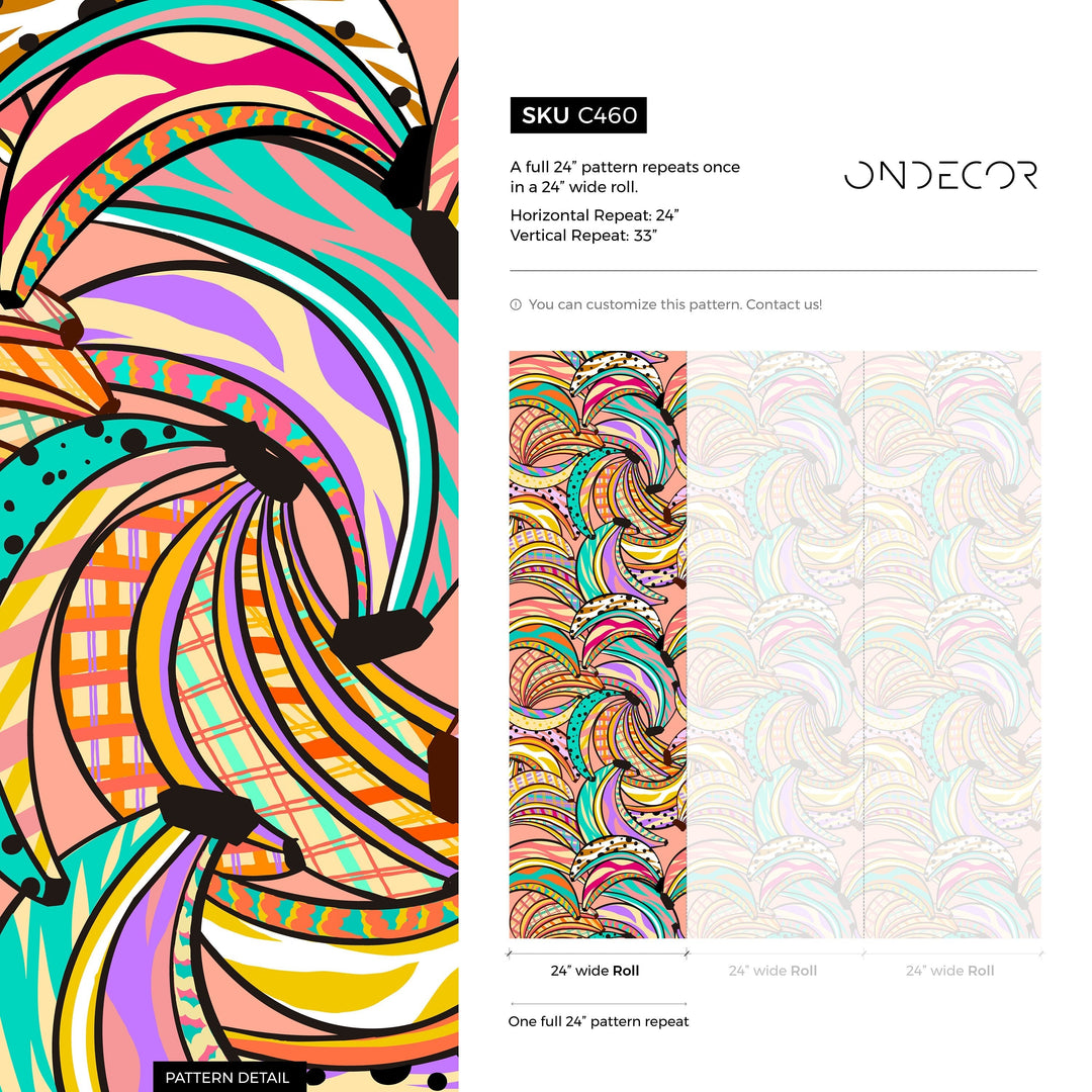 Abstract Wallpaper with a Graphic Banana Motif in Pink, Yellow, and Turquoise - C460