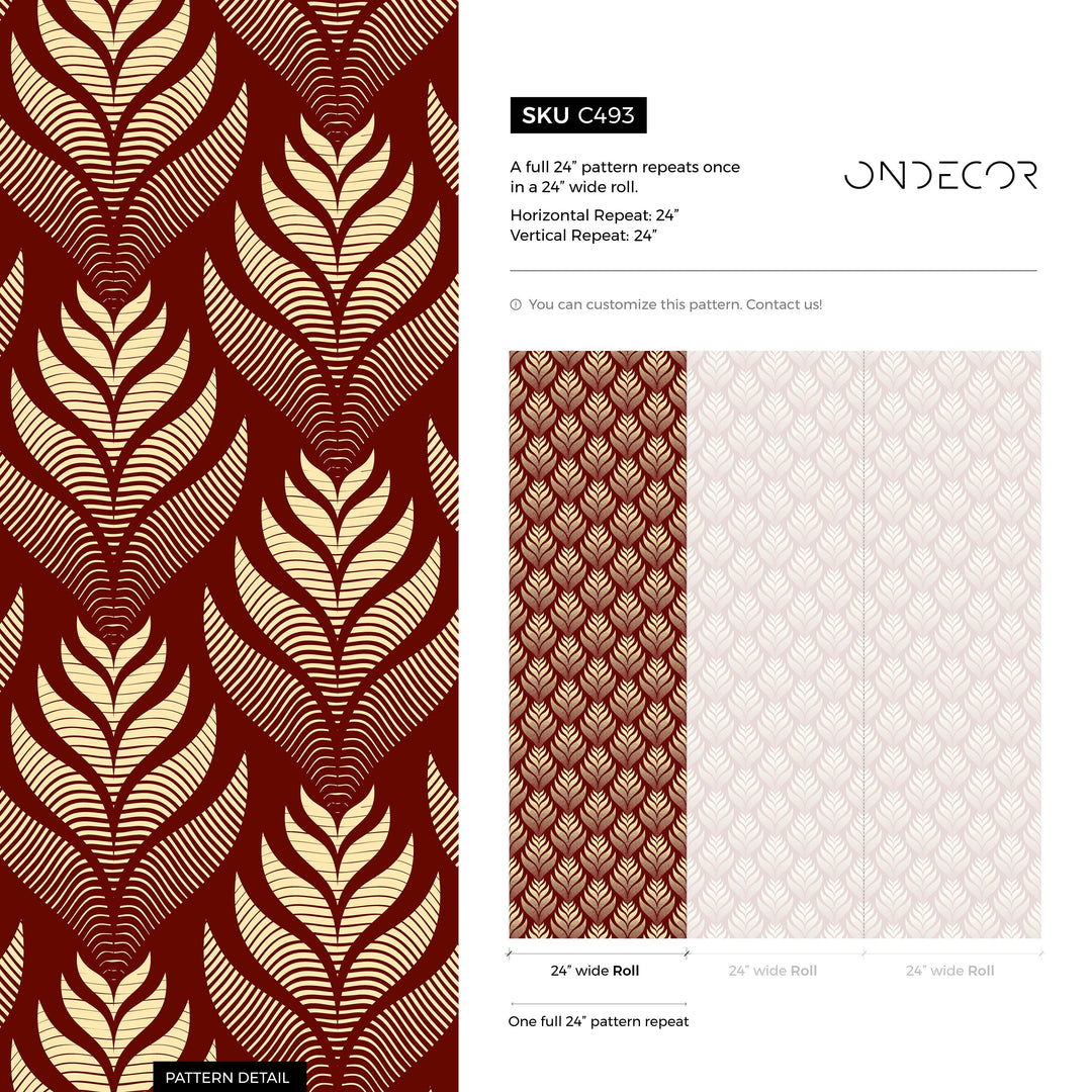 Art Deco Wallpaper with a Stylized Leaf Motif in Red and Cream - C493