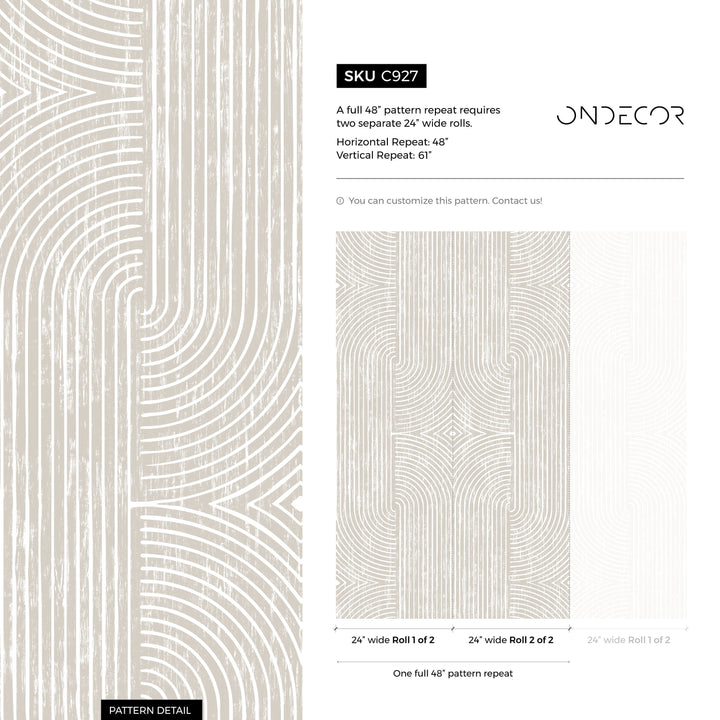 Abstract Wallpaper with Distressed Arches and Lines in Beige and Cream - C927