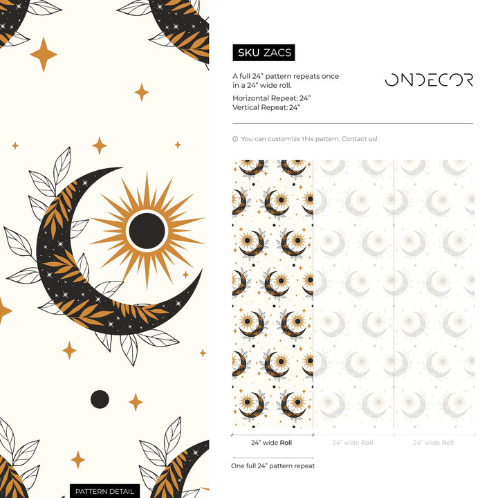 Celestial Wallpaper with Mystical Sun and Moon Motifs in Black and Gold - ZACS