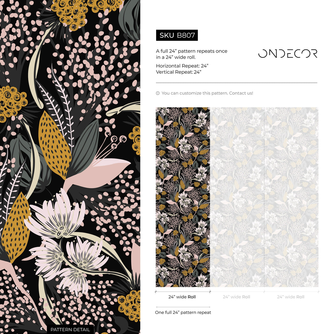 Botanical Wallpaper with Stylized Wildflowers in Yellow, Green, and Pink - B807