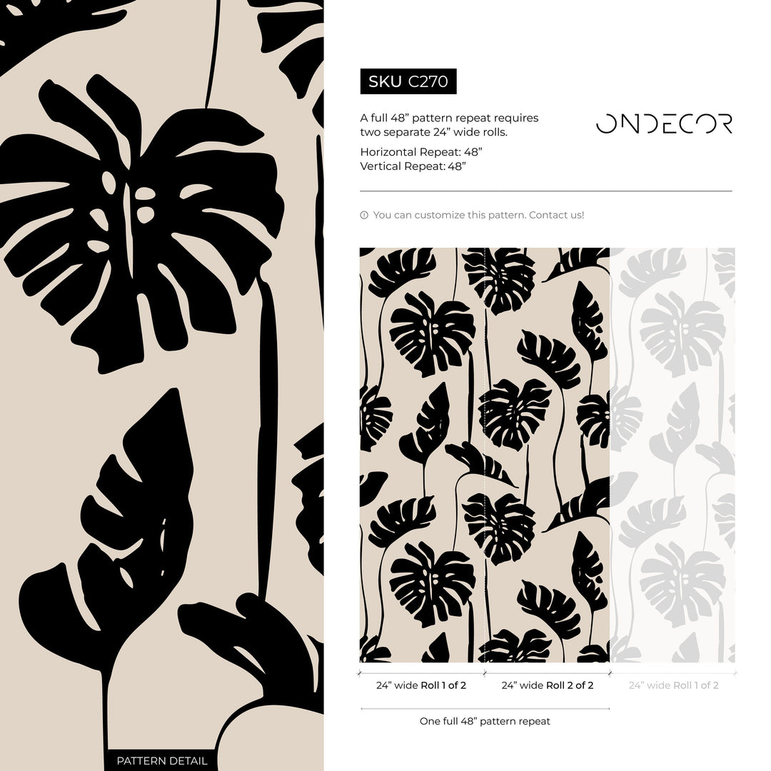 Botanical Wallpaper with a Bold Monstera Leaf Motif in Black and Beige - C270