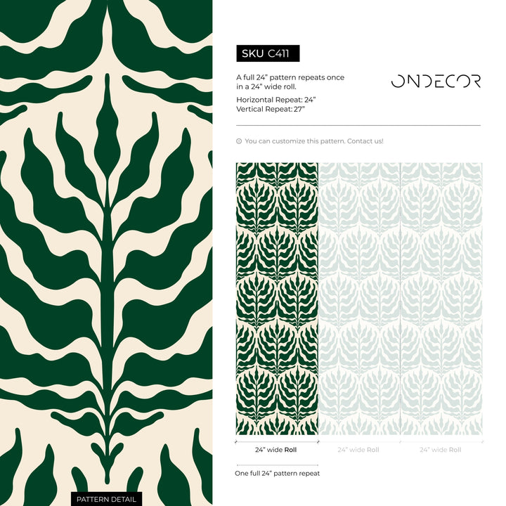 Botanical Wallpaper with a Stylized Leaf Motif in Green and Cream - C411