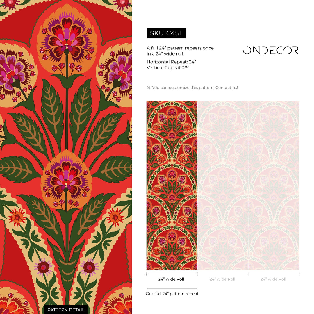 Art Nouveau Wallpaper with an Arched Floral Motif in Red, Green, and Pink - C451