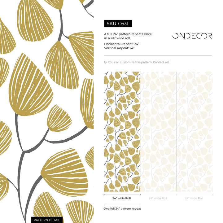 Botanical Wallpaper with Stylized Ginkgo Leaves in Yellow and Gray - C631