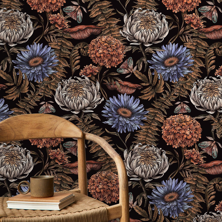 Botanical Wallpaper with Moths and Vintage Florals in Black, Blue, and Orange - D822