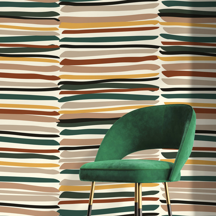 Abstract Wallpaper with Organic Brush Strokes in Green, Brown, and Yellow - D795