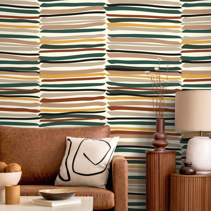 Abstract Wallpaper with Organic Brush Strokes in Green, Brown, and Yellow - D795