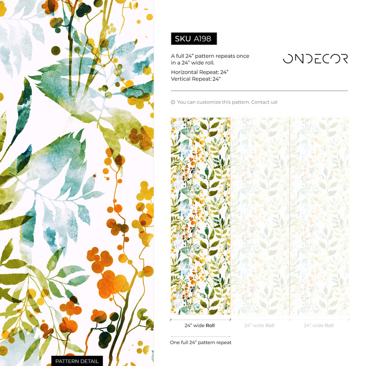 Botanical Wallpaper featuring Watercolor Leaves in Green, Yellow, and Orange - A198