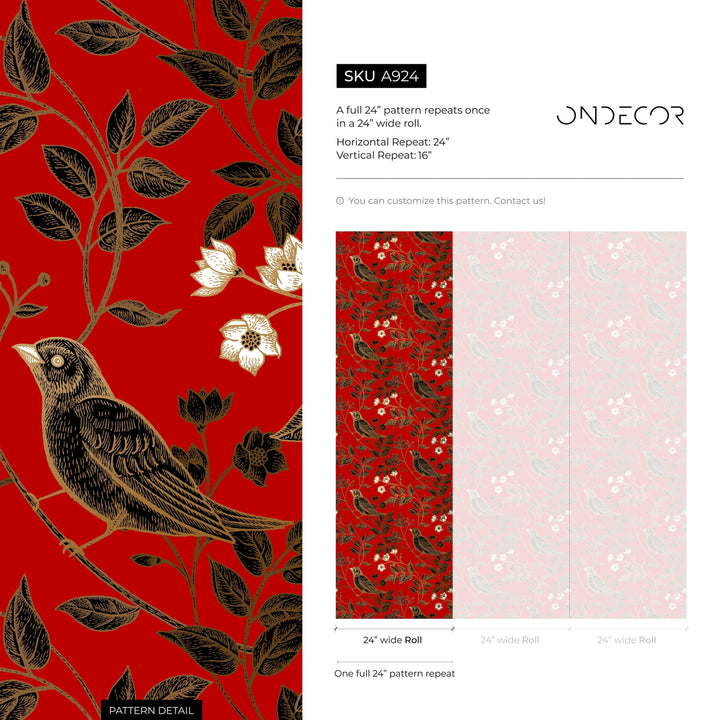 Bird Wallpaper with Floral Branches in Red, Black, and Gold - A924