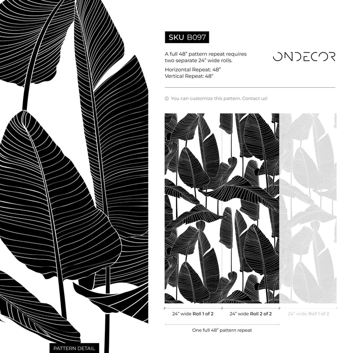 Botanical Wallpaper Featuring Bold Banana Leaves in Black and White - B097