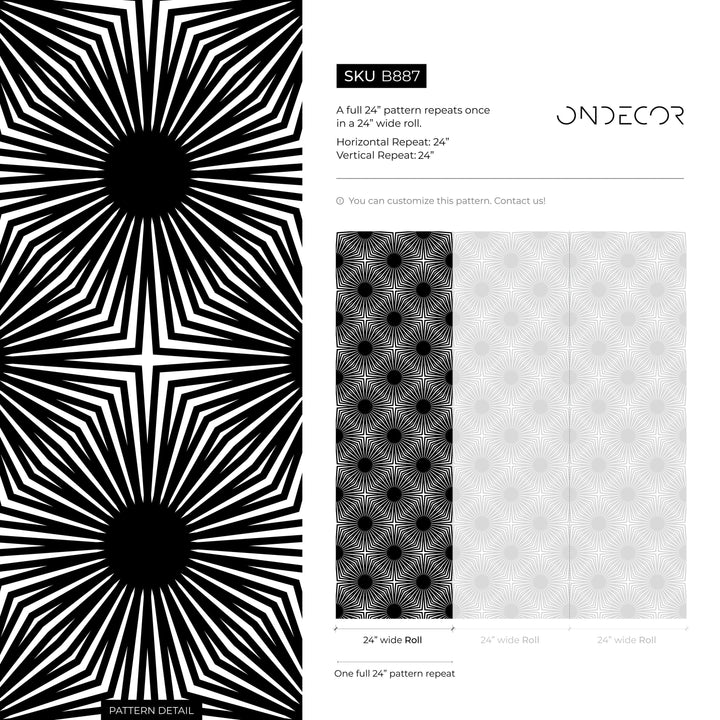 Geometric Wallpaper with a Bold Starburst Motif in Black and White - B887