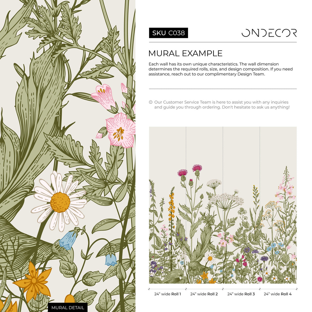 Botanical Wallpaper Featuring a Wildflower Meadow in Green, Pink, and Blue - C038