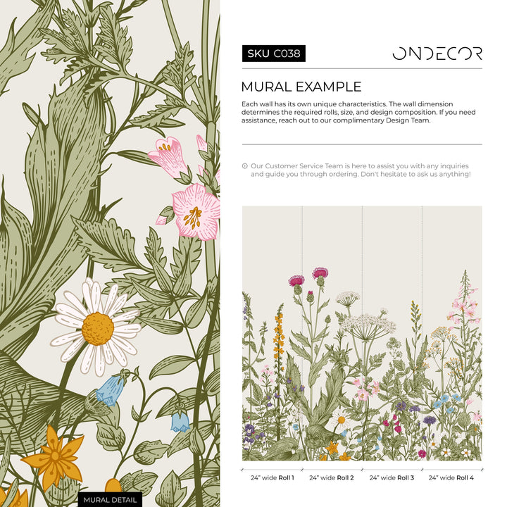 Botanical Wallpaper Featuring a Wildflower Meadow in Green, Pink, and Blue - C038