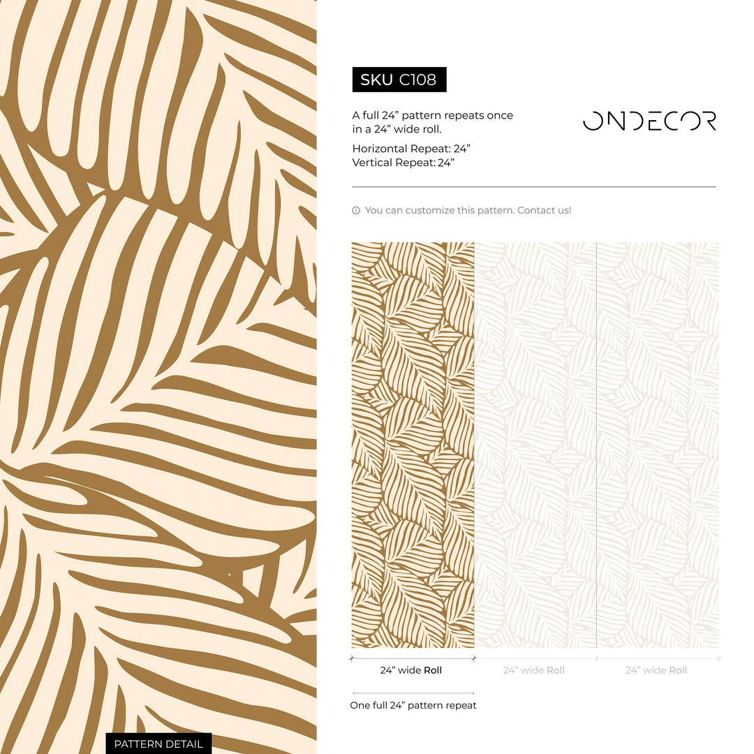 Botanical Wallpaper with a Stylized Leaf Motif in Tan and Beige - C108
