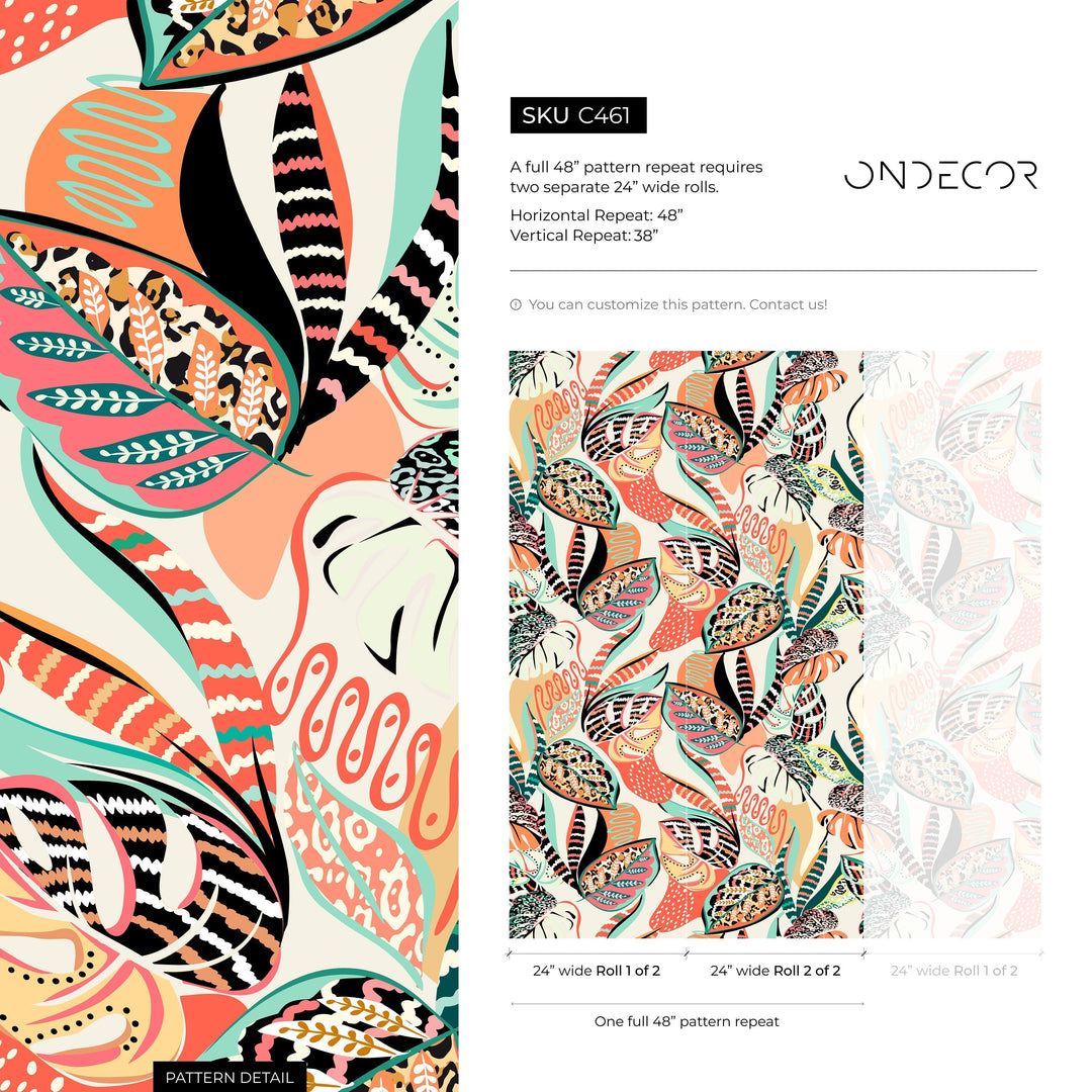 Abstract Wallpaper with Eclectic Botanical Forms in Coral, Teal, and Black - C461