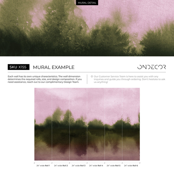 Abstract Wallpaper with a Misty Forest Scene in Pink and Olive Green - X155