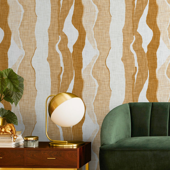 Abstract Wallpaper with Flowing Vertical Waves in Yellow and Ochre - D836