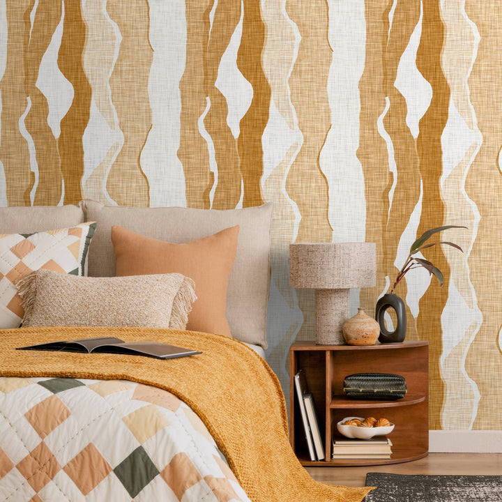 Abstract Wallpaper with Flowing Vertical Waves in Yellow and Ochre - D836