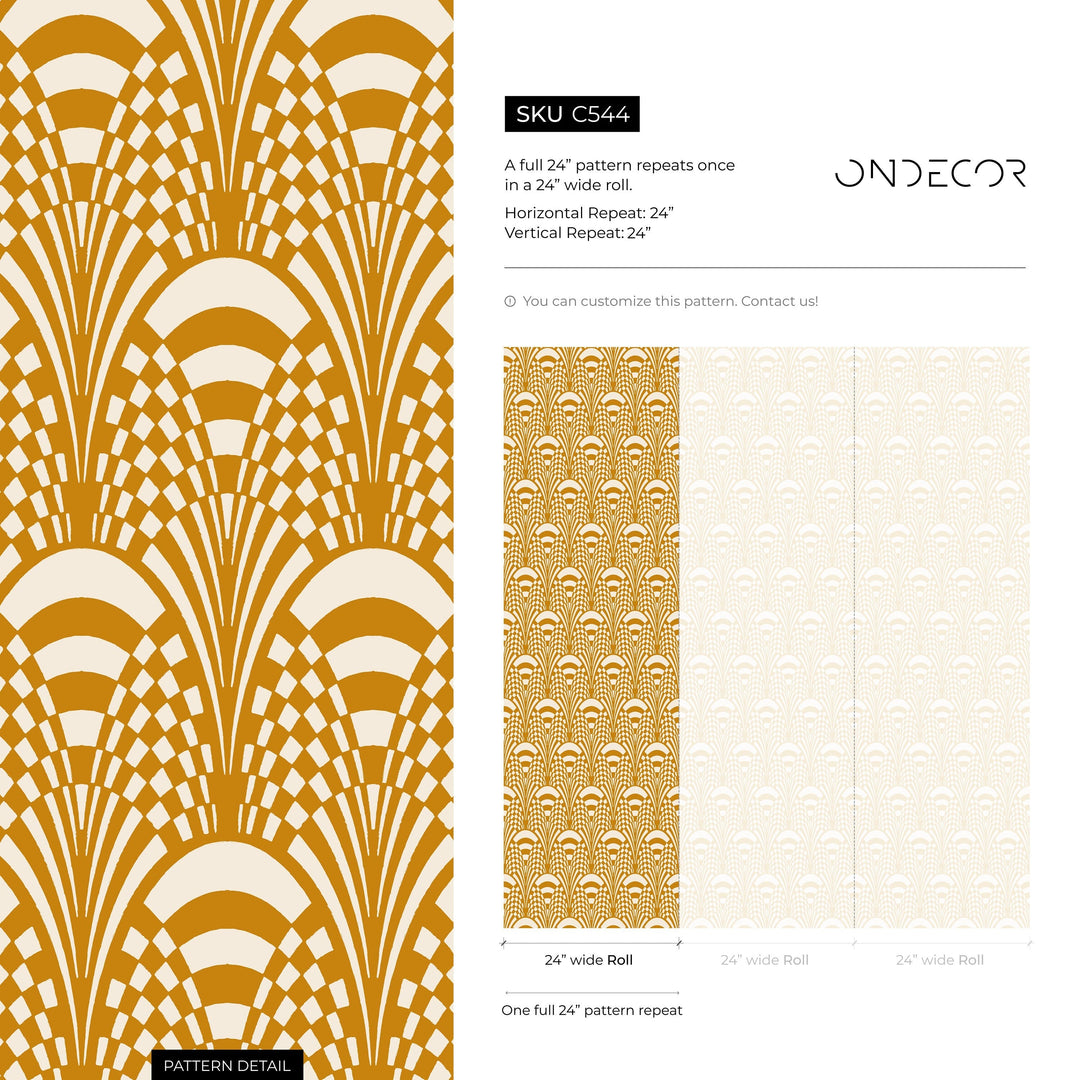 Art Deco Wallpaper with a Stylized Fan Motif in Yellow and White - C544