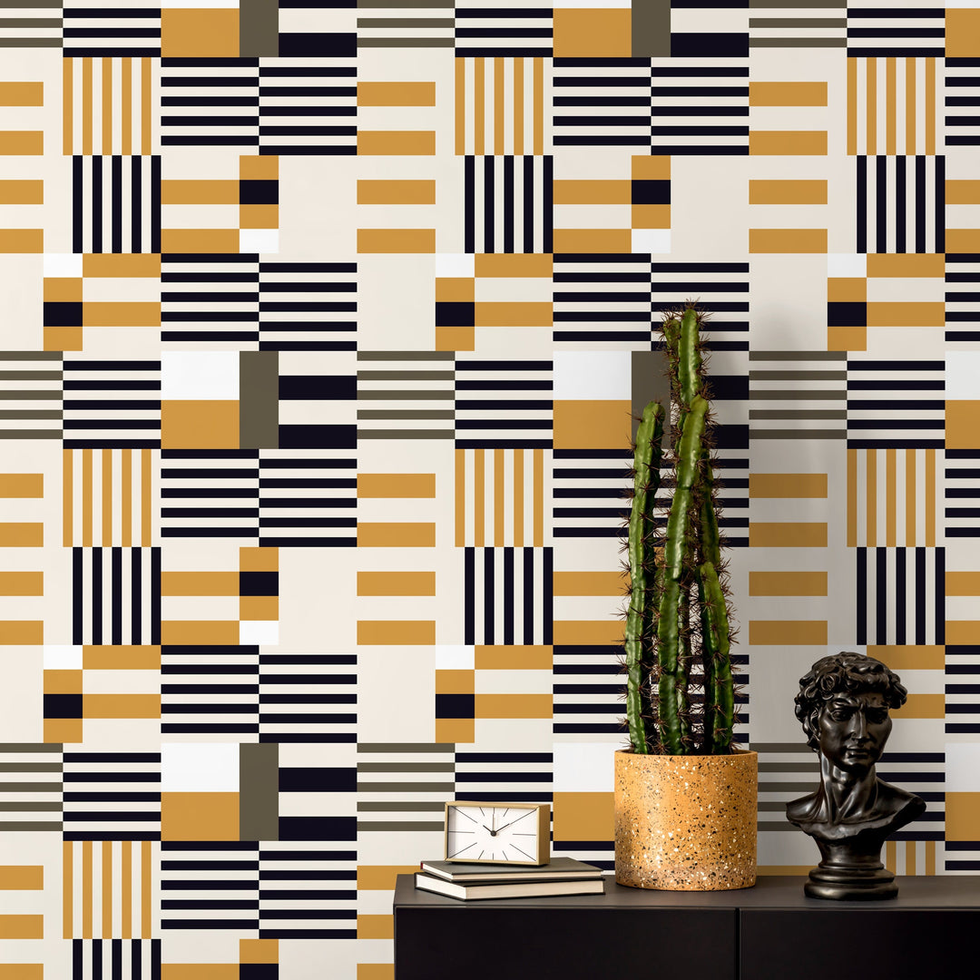 Geometric Wallpaper with Modern Blocks and Stripes in Black and Yellow - D847